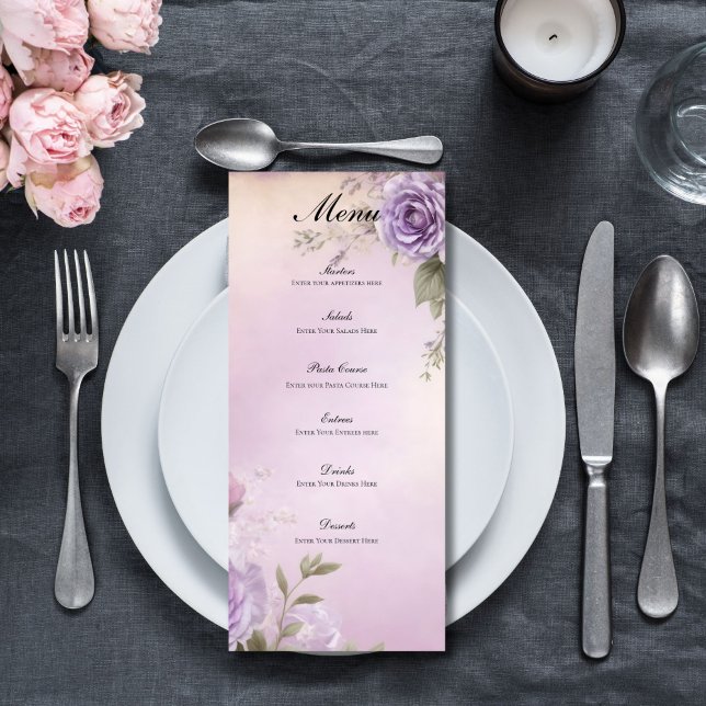 Menu Chuva de Noiva de Casamento de Flores de Aquarela  (Purple Floral Watercolor Elegant Wedding Bridal Shower Party Menu)