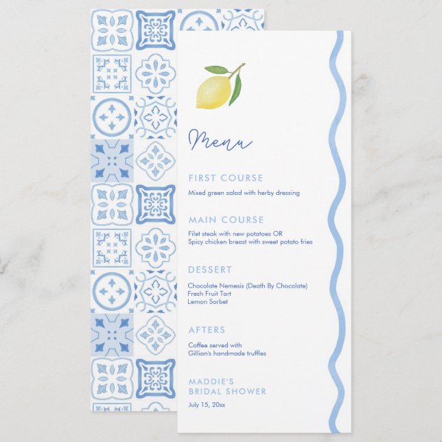 Menu Chuva de Noiva de Limões com Borda Ondulada Azul C (Frente/Verso)