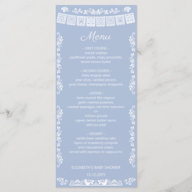 Menu Cielito Lindo Dusty Blue Papel Picado Baby Shower (Frente)