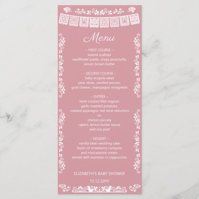 Menu Cielito Lindo Rosa Corado Papel Picado Chã de Bebê (Frente)