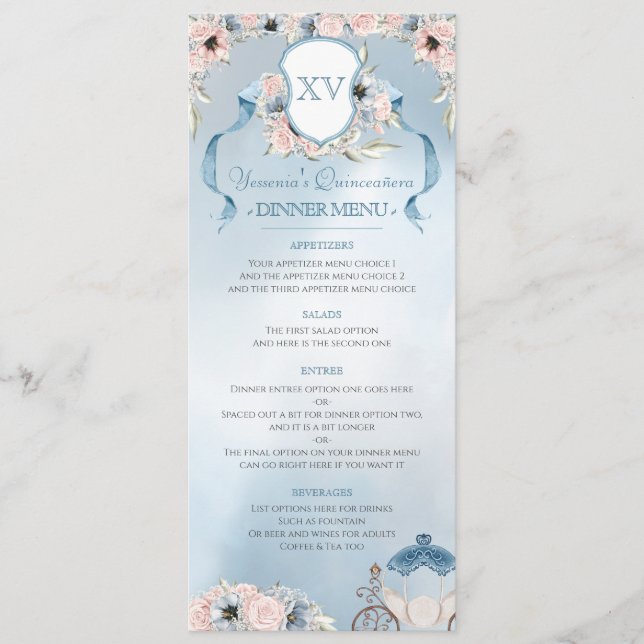 Menu Cinderella Fairy Tale Elegante Blue Pink Party (Frente)