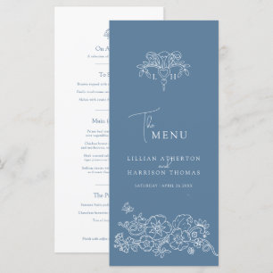 Menu Cinza azul monograma branco fleur de lis casamento