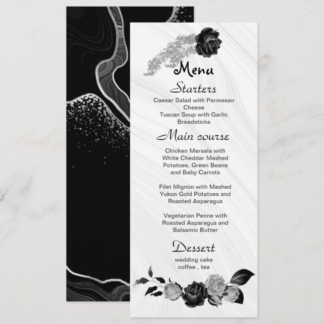 Menu cinza de prata e flores pretas casamento (Frente/Verso)