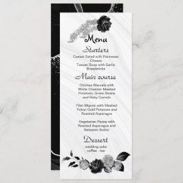 Menu cinza de prata e flores pretas casamento