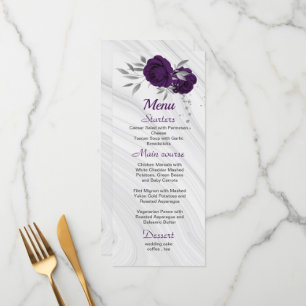 Menu cinza de prata roxa real, chic, casamento floral