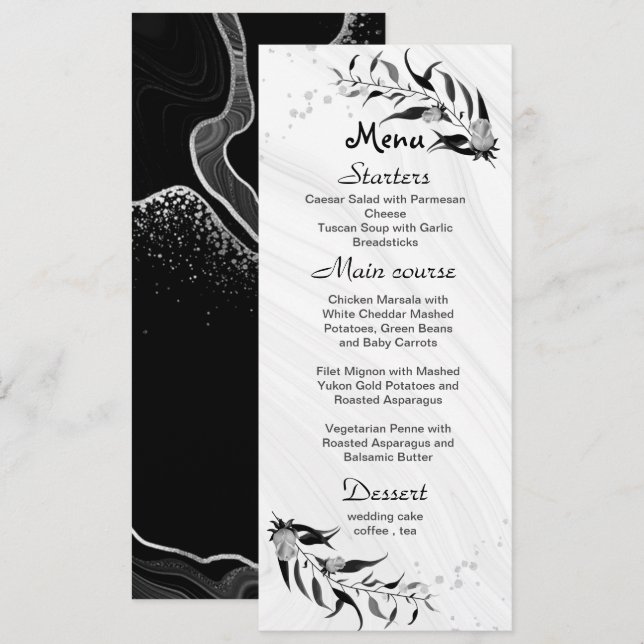 Menu cinza prateada flores e folhas pretas casamento (Frente/Verso)
