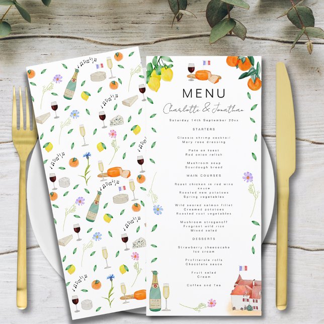 Menu Citrus French Boho Wedding (French citrus boho watercolor wedding menu with wine and french cheese, musical notes, florals )