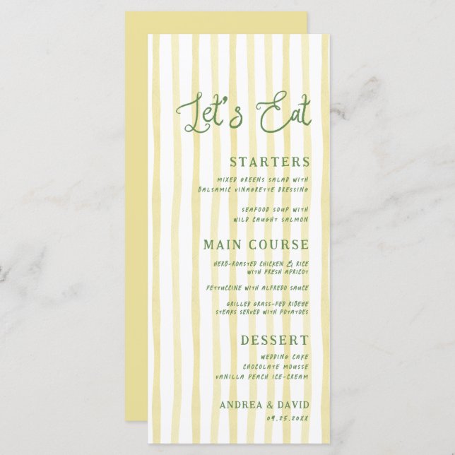 Menu Citrus Yellow Stripe Handwriting Island Wedding (Frente/Verso)