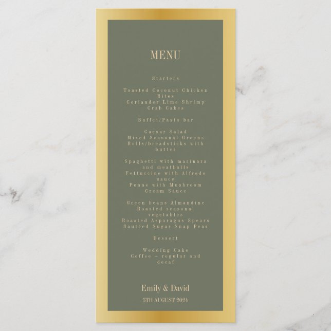 Menu Classic Sage Green e Ouro Wedding (Frente)