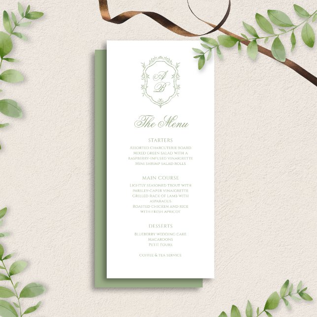 Menu Classic Sage Green Floral Monogram Crest Wedding (Criador carregado)
