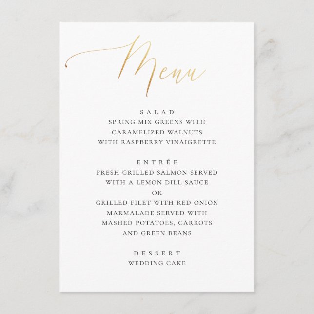 Menu Clássica caligrafia Dourada | Casamento Formal Ele (Frente)