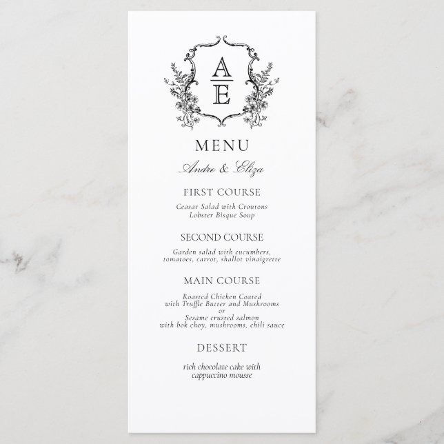 Menu Clássica Vintage Floral Monograma Botânica Crest (Frente)