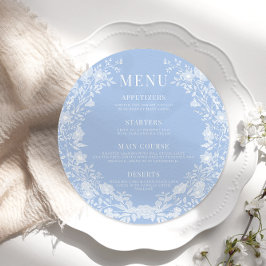 Menu Clássico azul branco de casamento floral à volta d