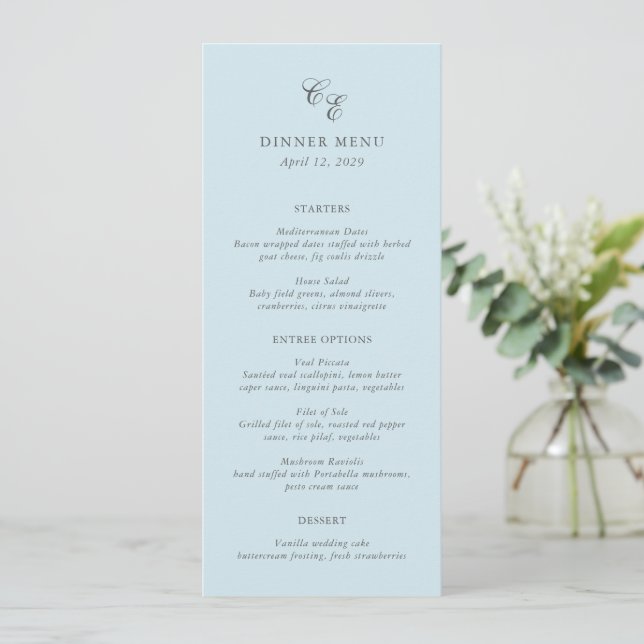 Menu Clássico Azul Pó Monograma Casamento Elegante (Em pé/Frente)