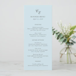 Menu Clássico Azul Pó Monograma Casamento Elegante