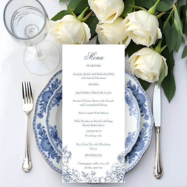 Menu Clássico Casamento Floral Azul Elegante e Empolado (Criador carregado)