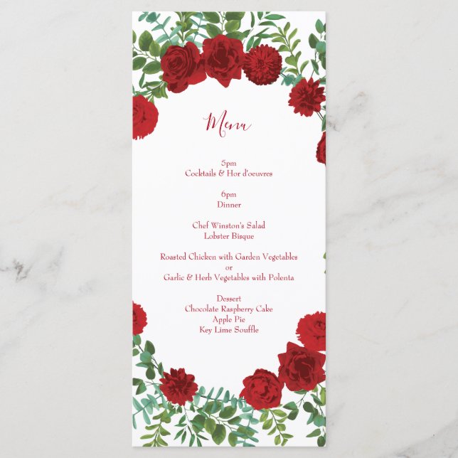 Menu Clássico Elegante de Casamento de rosa vermelha (Frente)