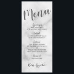Menu Clássico Elegante White Marble Wedding<br><div class="desc">Cartão de Menu de Casamento de Mármore Branco Elegante Clássico com título na fonte de script moderno da cinza com detalhes do menu de casamento na fonte de sans moderna da cinza em fundo de mármore branco.</div>