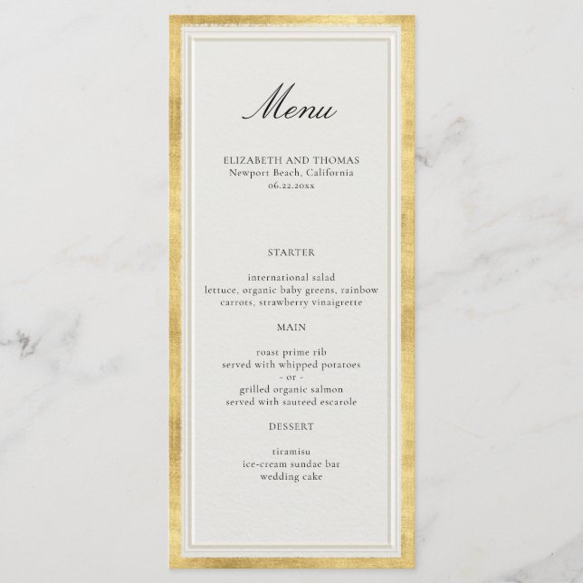 Menu Clássico Moderno Formal Casamento Falso Dourado Ec (Frente)