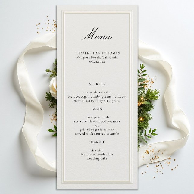 Menu Clássico Moderno Formal Quadro Elevado Casamento E (formal classic wedding menu double frame calligraphy traditional modern calligraphy ecru)