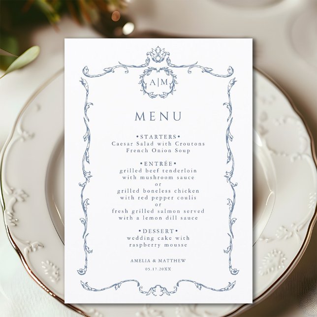 Menu Clássico Moderno Quadro Francês Casamento Azul Poe (Criador carregado)