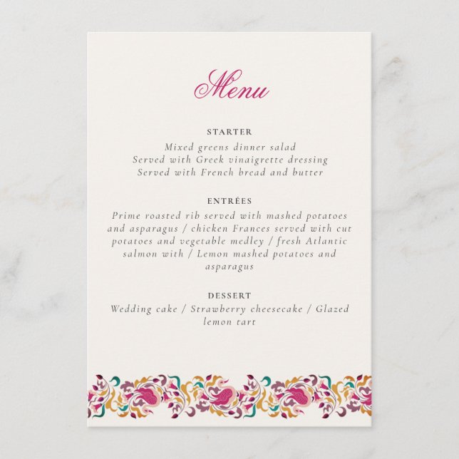 Menu Clássico Rosa Verde Amarelo Floral Cisne Pássaro C (Frente)
