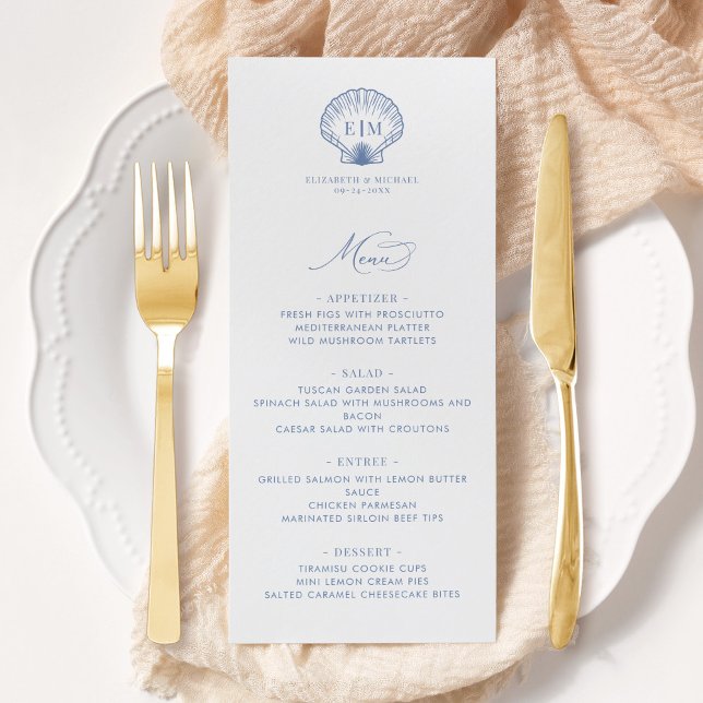Menu Coastal Blue Beach Shell Monogram Wedding (Criador carregado)
