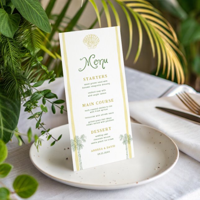 Menu Coastal Yellow Stripes Seashell Palm Tree Wedding (Criador carregado)