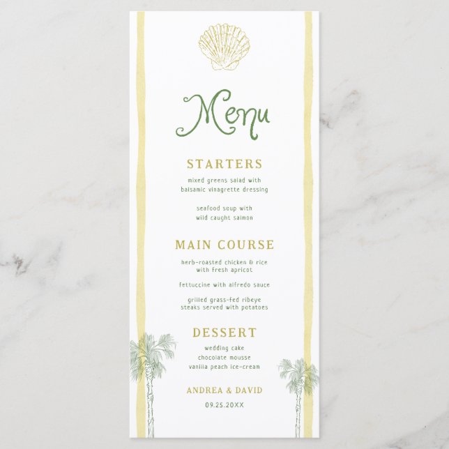Menu Coastal Yellow Stripes Seashell Palm Tree Wedding (Frente)