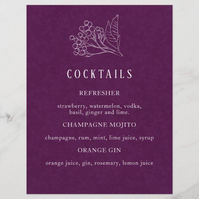 Menu Cocktail de Casamento Botânico Roxo Moderno (Frente)
