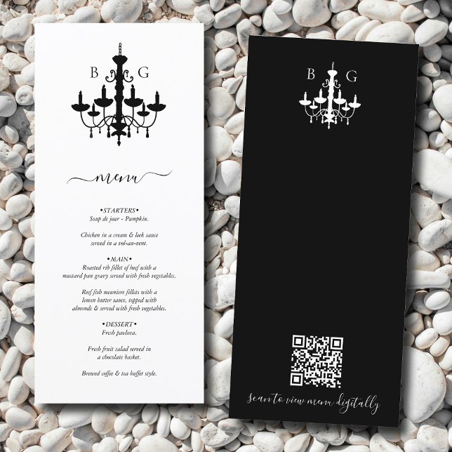 Menu Código QR de Casamento de Casamento de Monograma d (Black White Chandelier Monogram Wedding QR Code Menu)