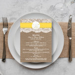Menu Coleção de Casamentos com Dólar Amarelo<br><div class="desc">A coleção de casamentos de areia amarela é um design impressionante que apresenta um adorável fundo de efeito de burvolta rústico com uma trim romântica de efeito de renda branca vintage terminada com um incrível dólar de areia e fita amarela. Esses cartões de menu podem ser personalizados para sua ocasião...</div>