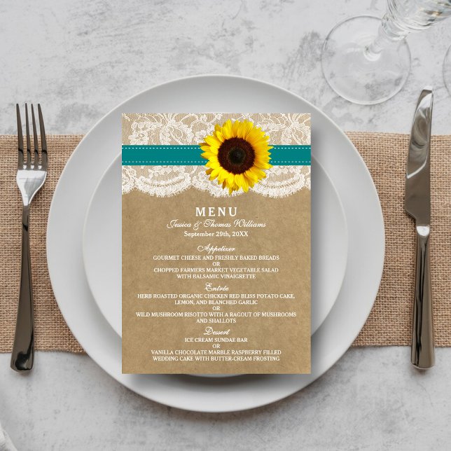 Menu Coleção Kraft, Lace & Sunflower - Teal (Criador carregado)