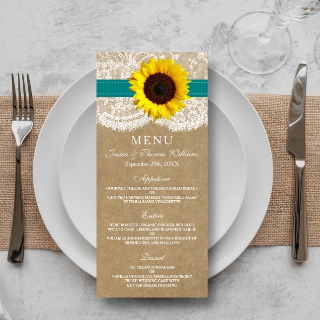 Menu Coleção Kraft, Lace & Sunflower - Teal (Criador carregado)