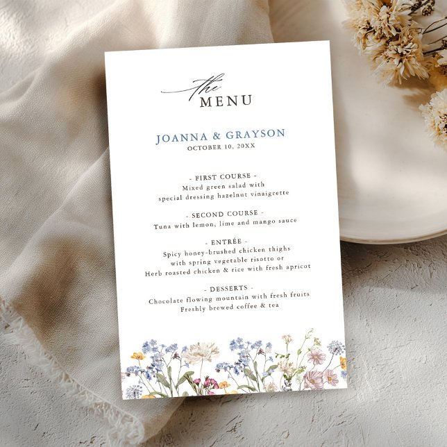 Menu Colorido de Casamento de Prados de Primavera  (Colorful Spring Wildflower Meadow Wedding Menu)