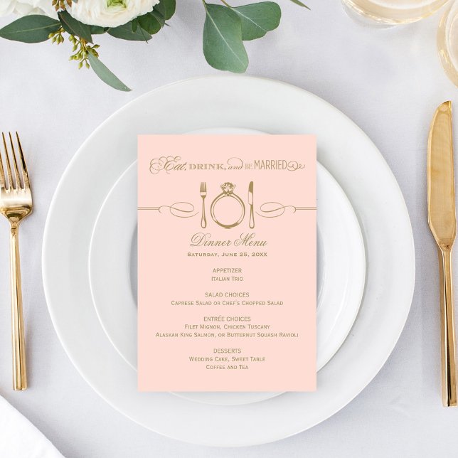 Menu Coma, Beba e Seja Casado Blush Dourado Jantar de C (Criador carregado)