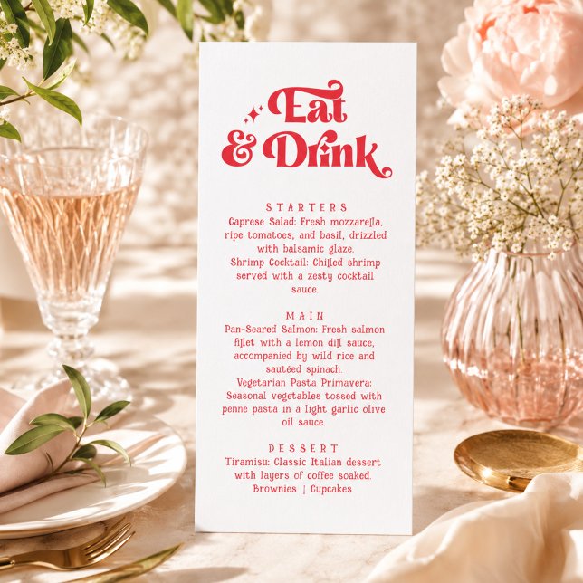 Menu Comer & Beber Casamento Retro Vermelho e Branco (Criador carregado)