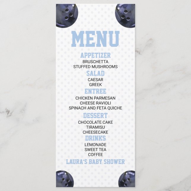Menu Comida Chá de fraldas azul bola de boliche Sports (Frente)