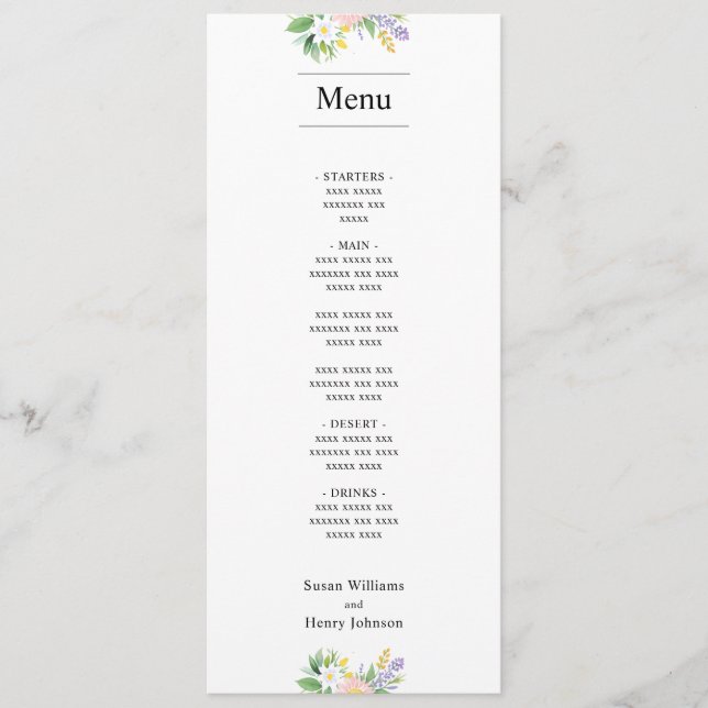 Menu Comida de Casamento | Clássica Minimal Floral (Frente)