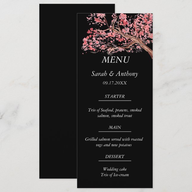 Menu Comida de Casamento de Aquarela Floral de Cherry B (Frente/Verso)