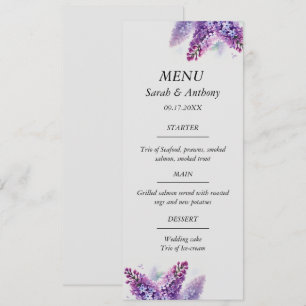 Menu Comida de Casamento de Aquarelas Florais Lilac Pur