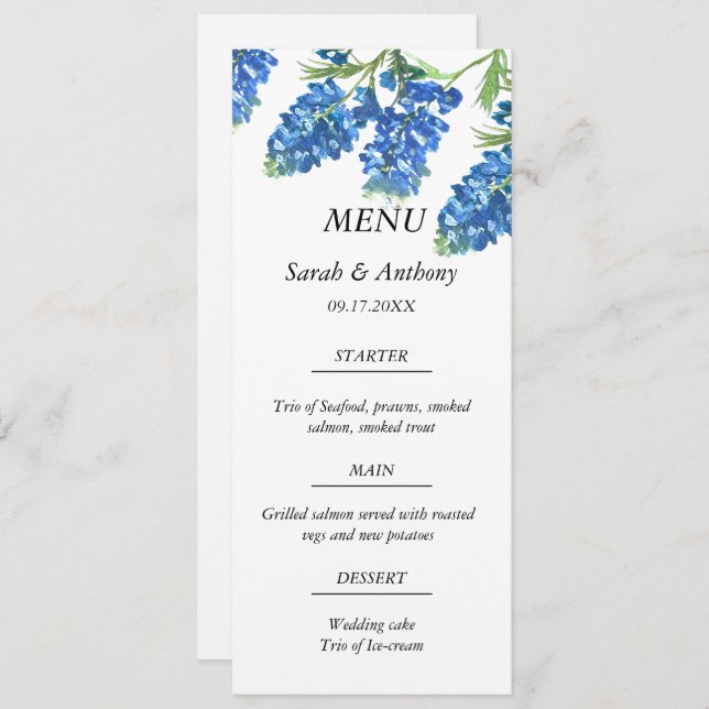 Menu Comida de Casamento de Cor de Água Floral Azul (Frente/Verso)