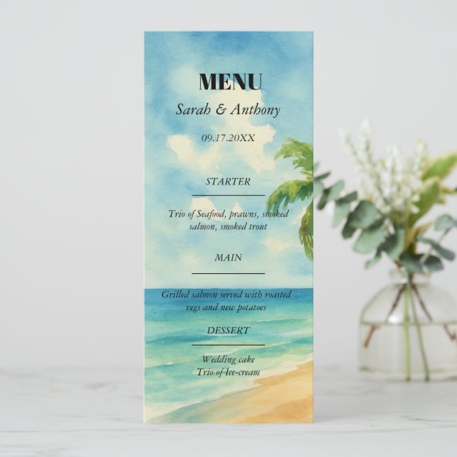 Menu Comida de Casamento de Verão de Praia Tropical (Em pé/Frente)