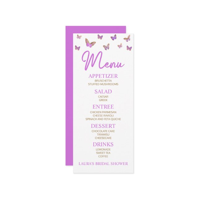 Menu Comida de Chá de panela de borboletas roxas (Frente/Verso In Situ)