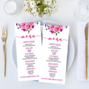 Menu Comida de Festa de aniversário Flor Púrpura e Rosa