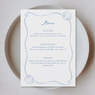 Menu Conchas Desenhadas à Mão Azul Costeiro e Branco