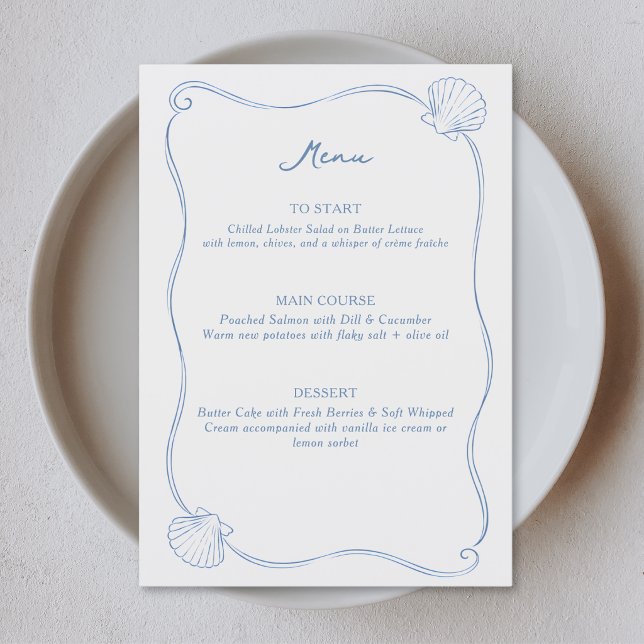Menu Conchas Desenhadas à Mão Azul Costeiro e Branco (Criador carregado)