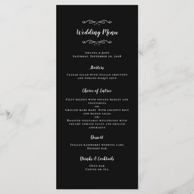 Menu Convidado Branco Chic Black - Caligrafia Elegante (Frente)