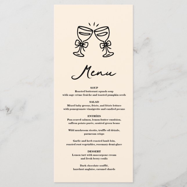 Menu Copo de Champagne Desenhado à Mão Preta Casamento  (Frente)