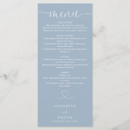 Menu Coração azul empoeirado Script Jantar de casamento
